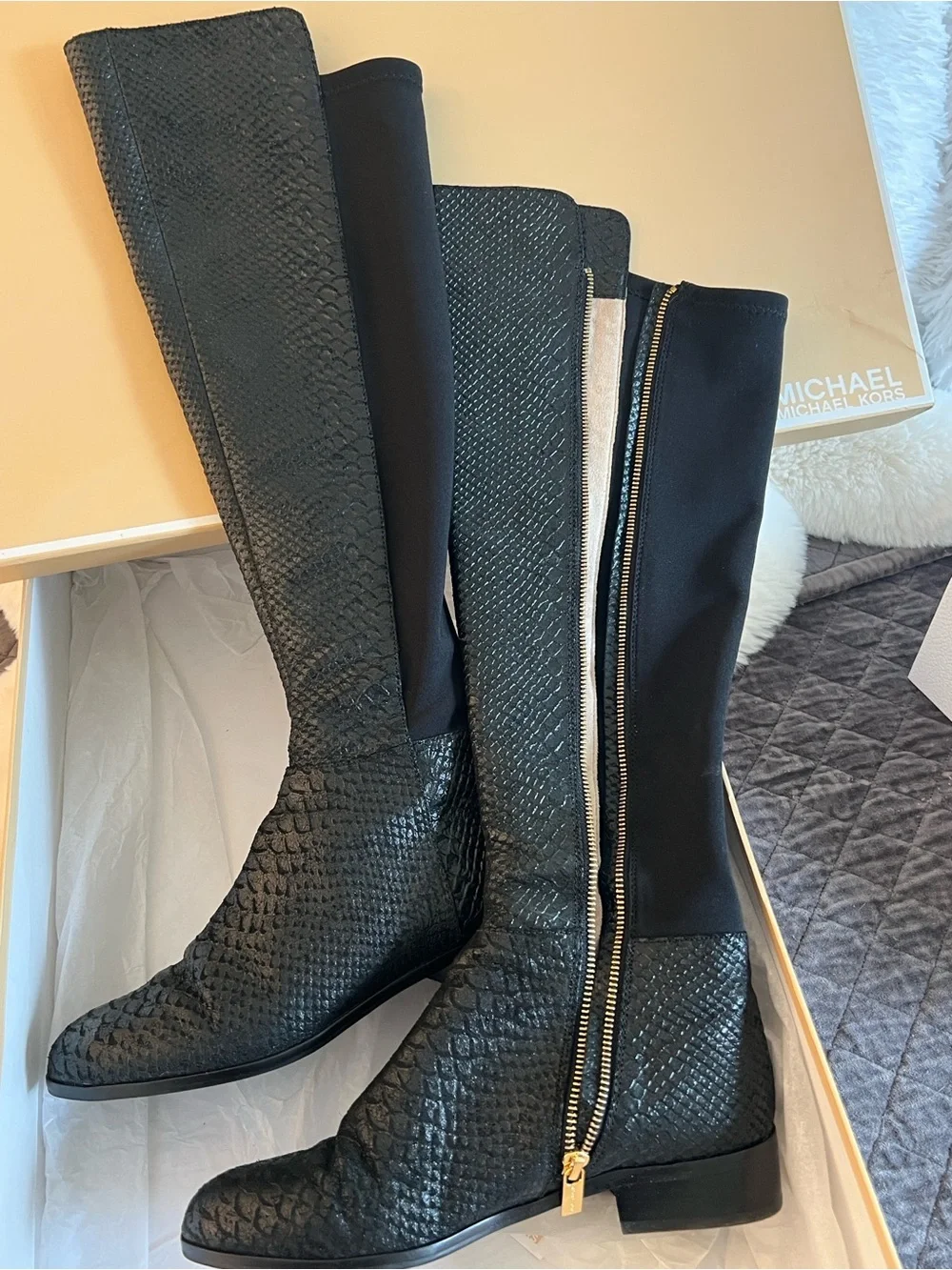 Michael Kors Bromley Flat Distressed Embossed Leather Zip Boots, Women’s 8M